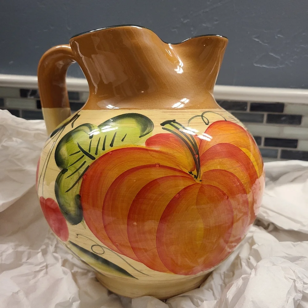 Crate & Barrel Hand Painted Fall Fruit Sienna Pitcher